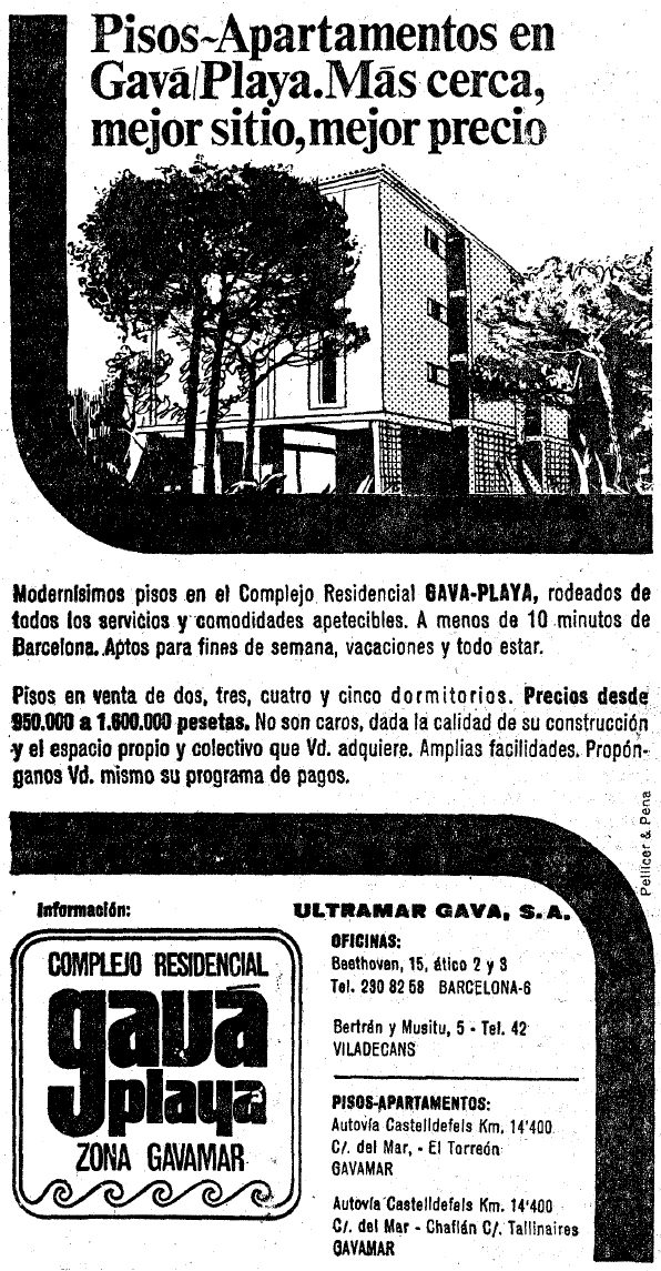 Anuncio de los actuales apartamentos TORREON de Gav Mar publicado en el diario LA VANGUARDIA (23 de Abril de 1968)